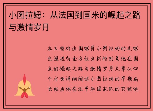 小图拉姆：从法国到国米的崛起之路与激情岁月