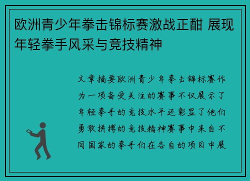 欧洲青少年拳击锦标赛激战正酣 展现年轻拳手风采与竞技精神