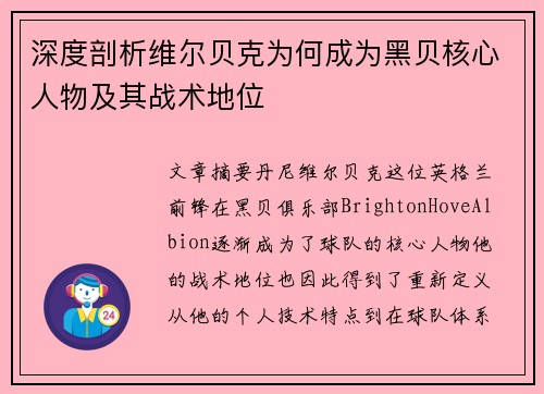 深度剖析维尔贝克为何成为黑贝核心人物及其战术地位